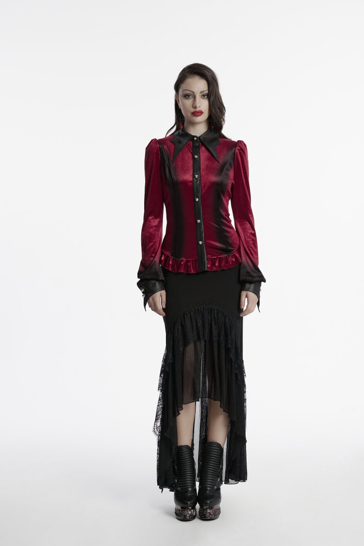 Crimson Lapel Lace-Up Slim Gothic Gradient Velvet Blouse