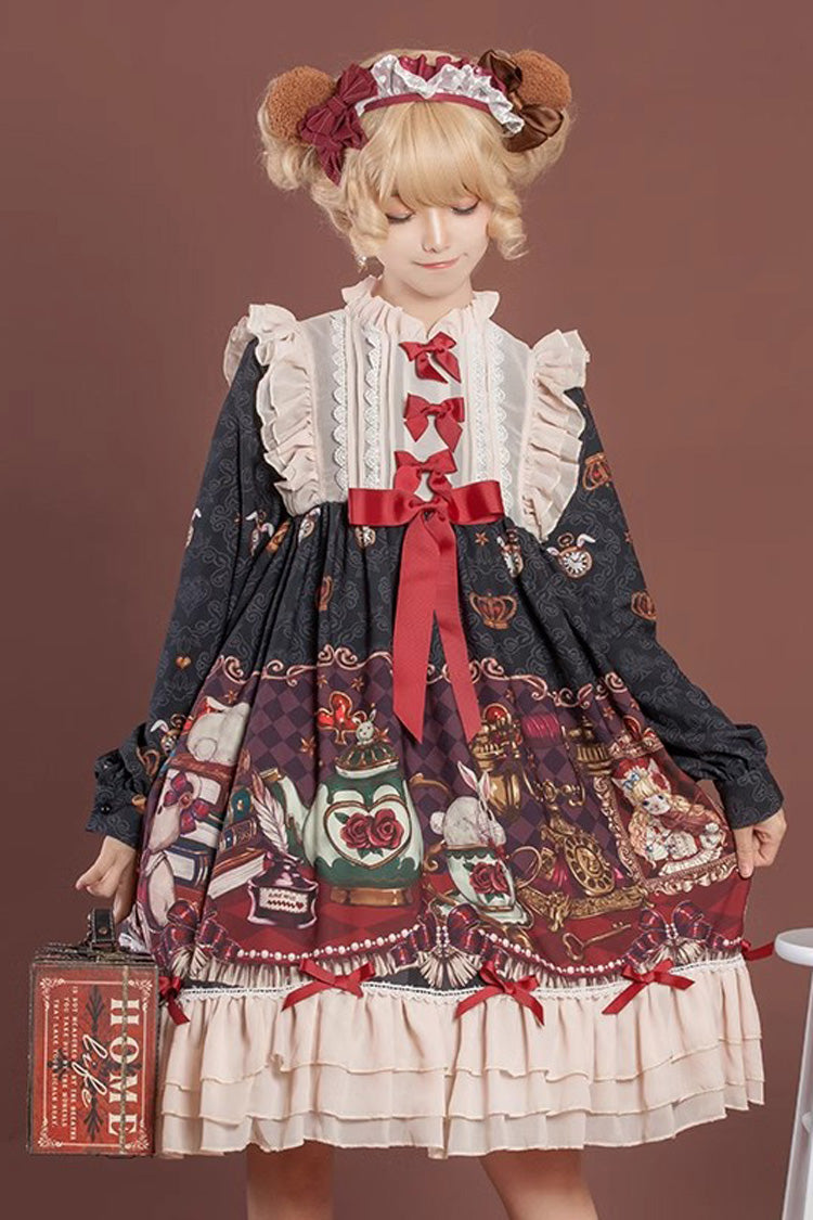 Multi-Layered Sweet Lolita Dress with Bowknot and Print - Rabbit and Bear Feast, 2 Shades