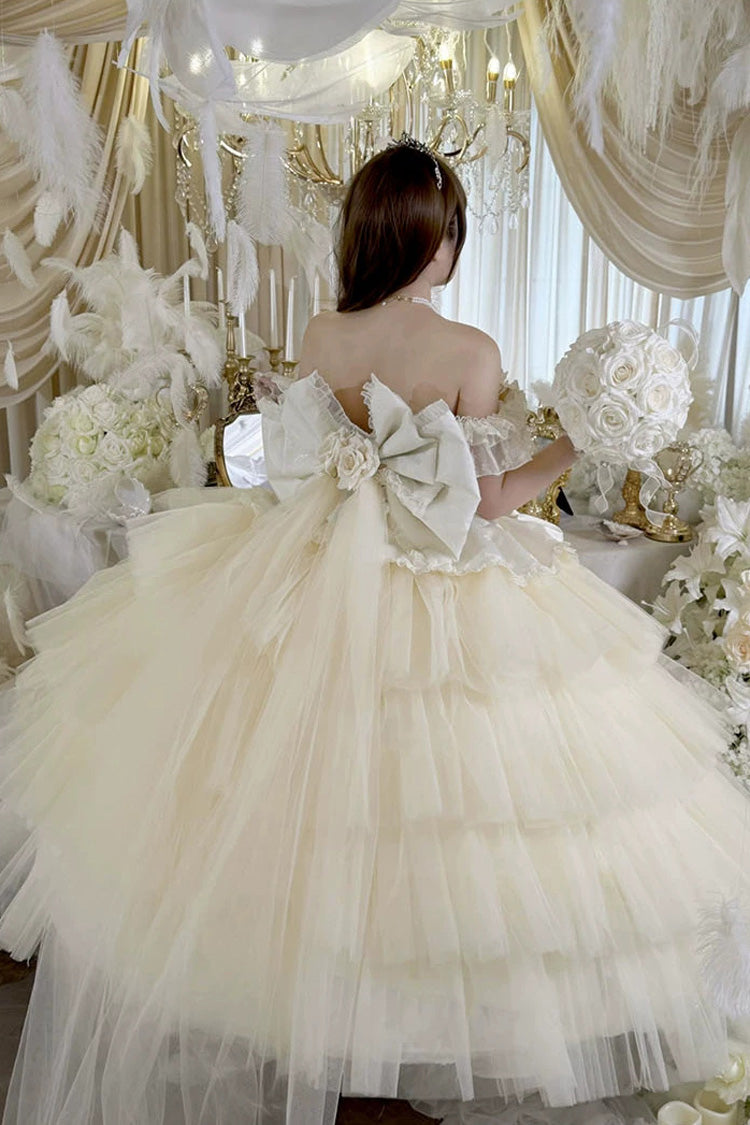 Apricot Sweet Lolita JSK Long Dress with Ruffled Hanayome Bow Lace-Up and Sleeveless Design