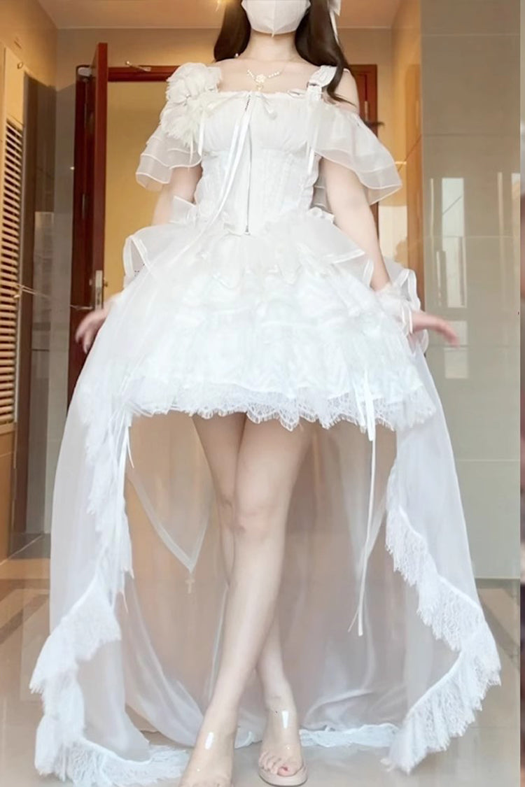 Ivory Sleeveless Layered Bowknot Lace Skirt Set - Rose Memoirs