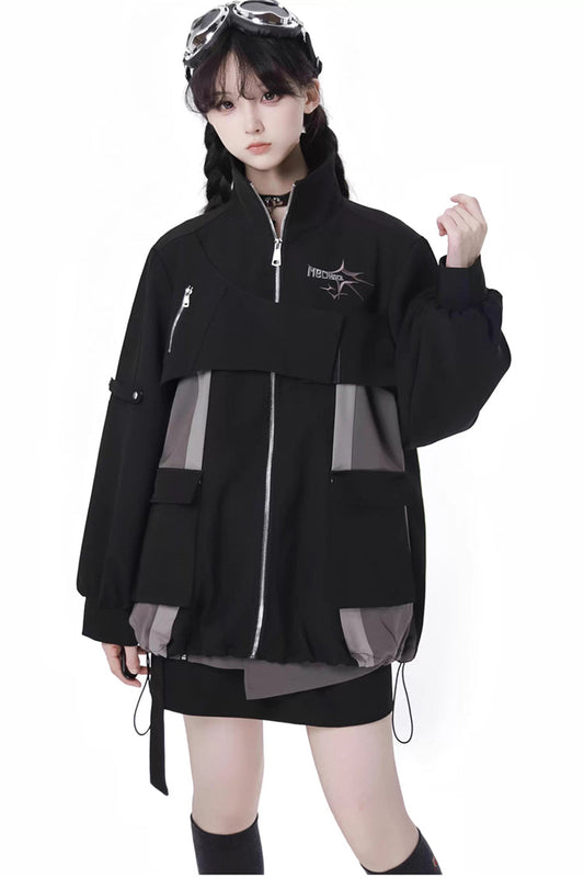 Black Techwear Zip Spliced Gothic Jirai Kei Skirt & Coat Set