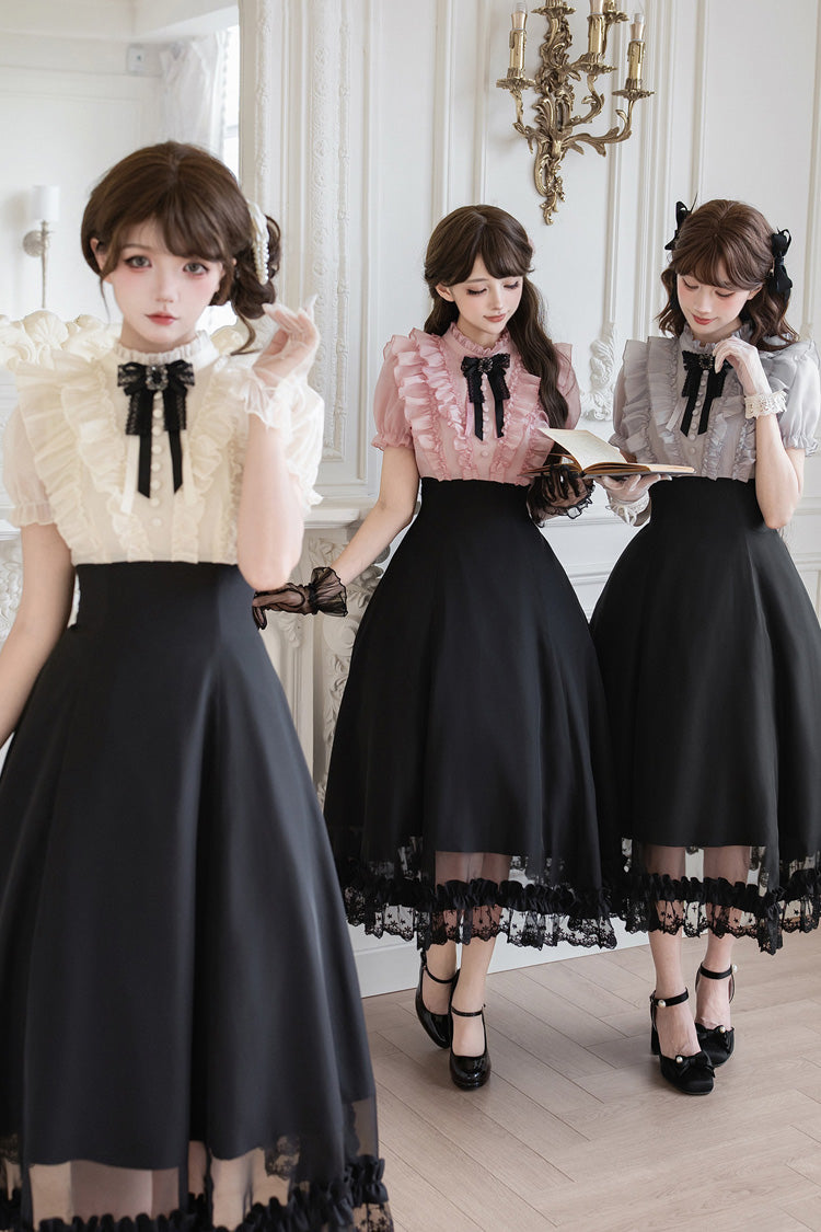 Miss Lola Snow Kiss Stand Collar Short Puff Sleeves Ruffled Color-Blocked Faux Two-Piece Sweet Lolita Long Dress 3 Colors - Black