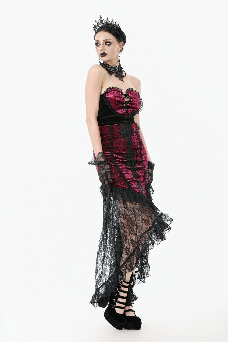 Crimson & Noir Velvet & Lace Lace-Up High-Low Maxi Gothic Skirt
