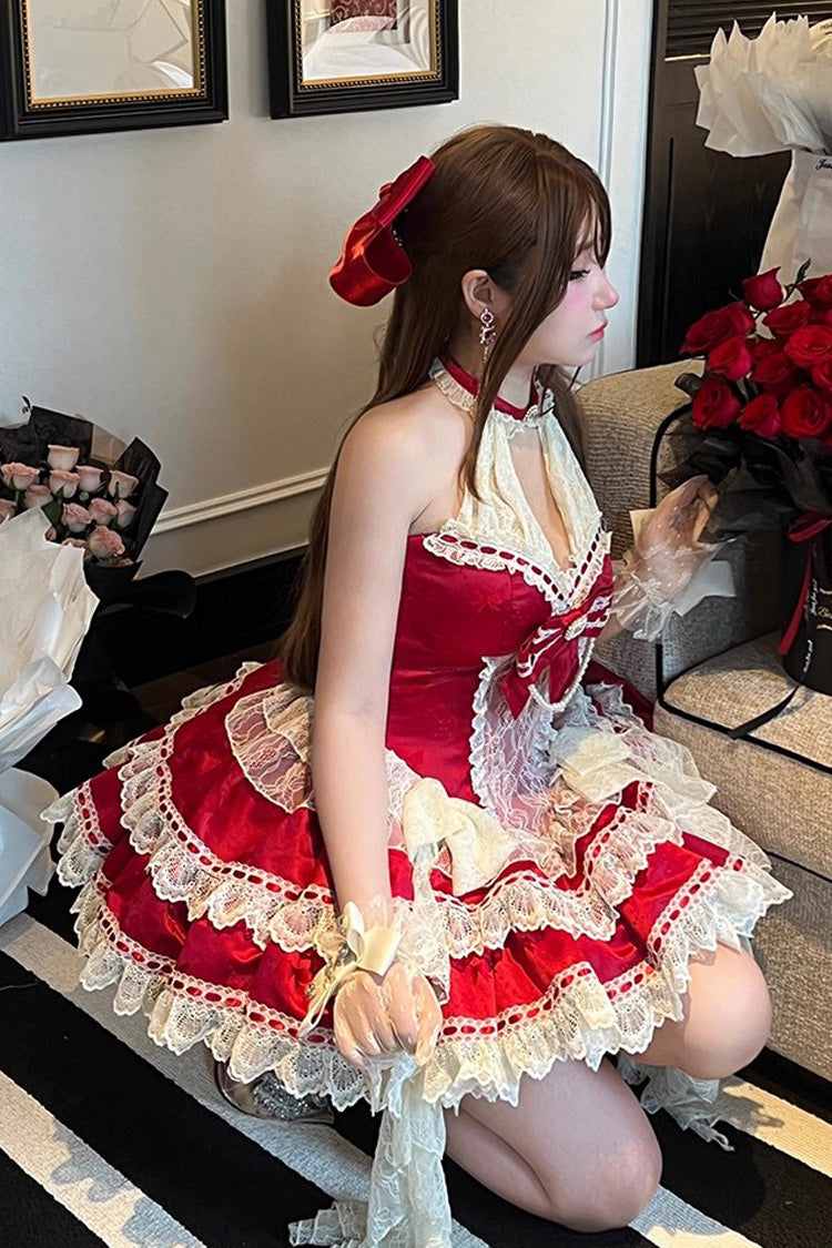 Red Halterneck Sleeveless Double-Layered Ruffle Bow Lace Dress