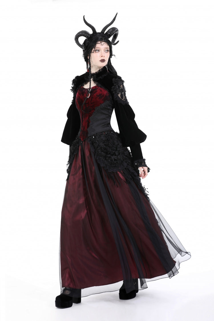 Jet-Black Gothic Cape with Velvet Panels and Lantern Sleeves