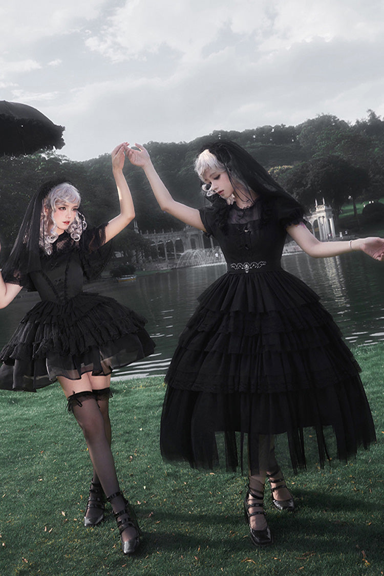 Black Gothic Dress with Five-Tiered Ruffle Sleeves