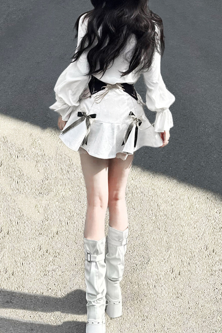 Ivory Jacquard Embroidered Irregular Skirt with Bow - Star Gate
