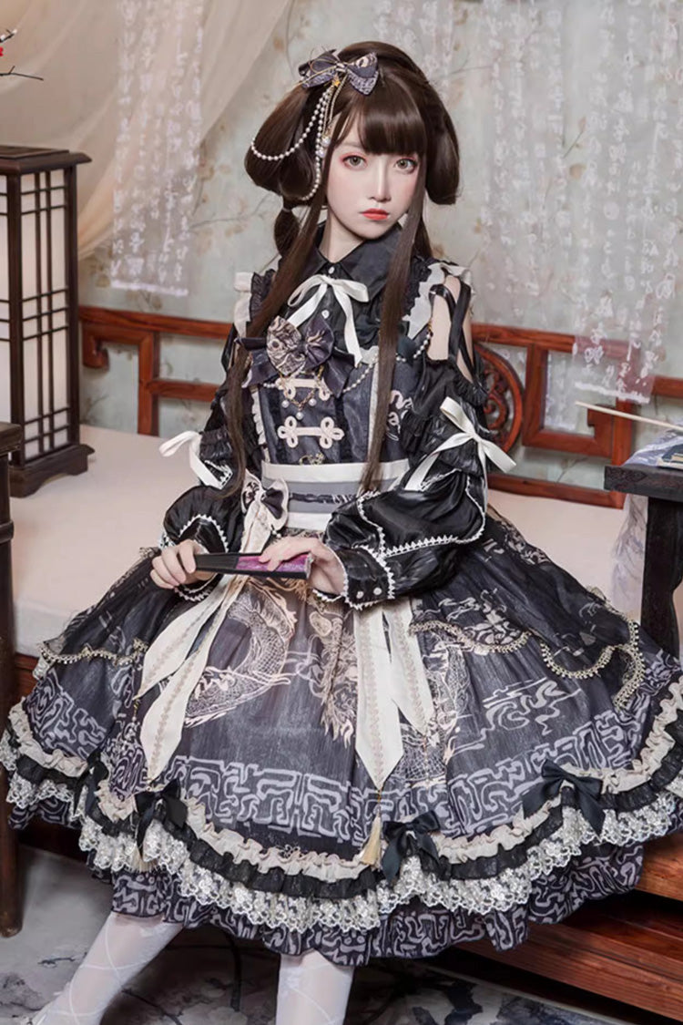 Black Print Ruffle Lace Sweet Chinese Lolita Jsk Dress