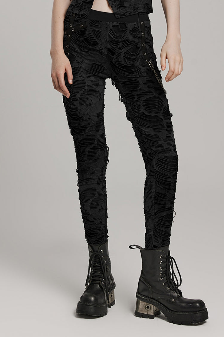 Tailored Distressed Eyelet Chain Steampunk Leggings for Women