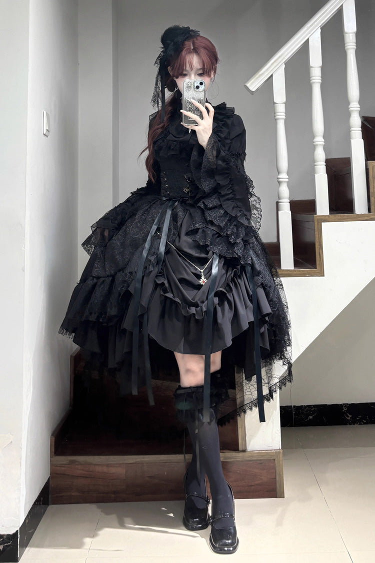 Black Eternal Taboo Long Hime Sleeves Ruffled Bow Gothic Skirt Dress Set