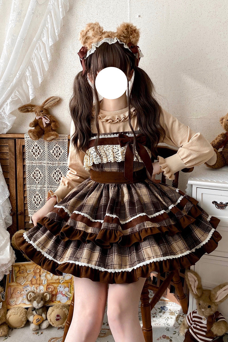 Cocoa Sleeveless Double-Layered Plaid Ruffle Bow Lace Sweet Lolita JSK