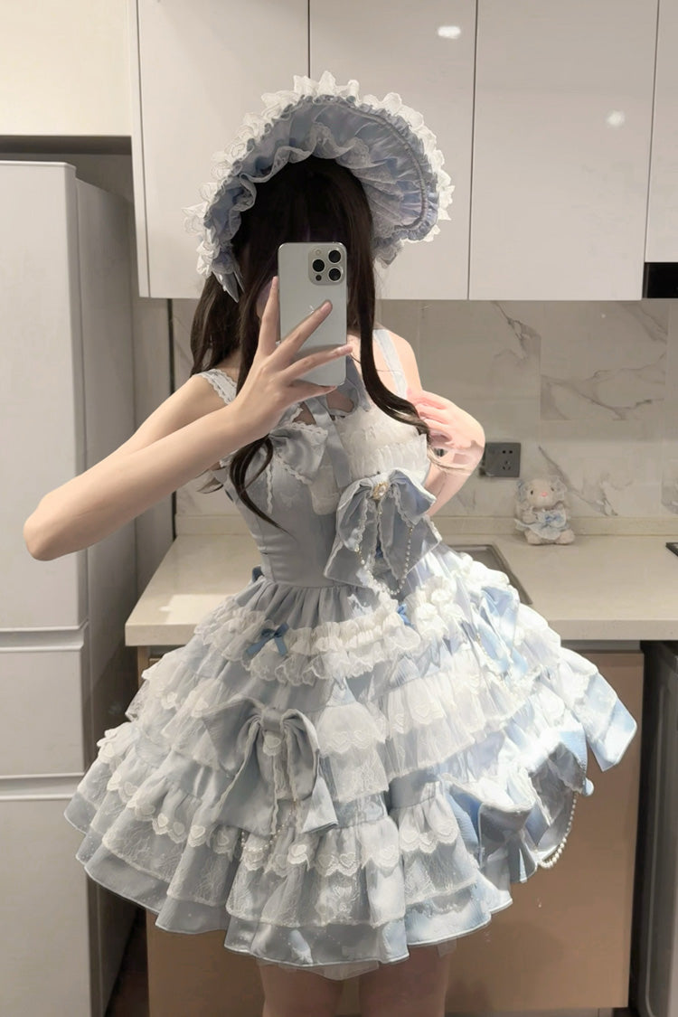 Blue Sweet Gorgeous Lolita JSK Dress with Multi-Layered Ruffle and Bowknot
