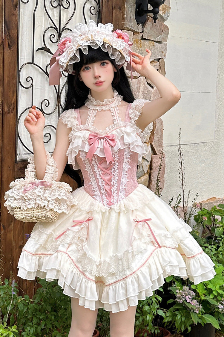 White & Pink Secret Garden Multi-Layer Ruffled Bow Lace-Up Sweet Princess Lolita JSK