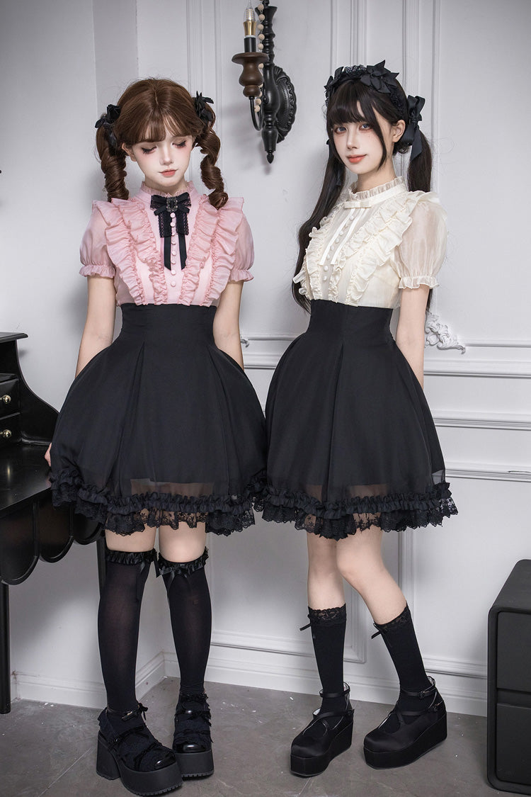 Miss Lola Snow Kiss Stand Collar Short Puff Sleeves Ruffled Color-Blocked Faux Two-Piece Sweet Lolita Dress 3 Colors - Black