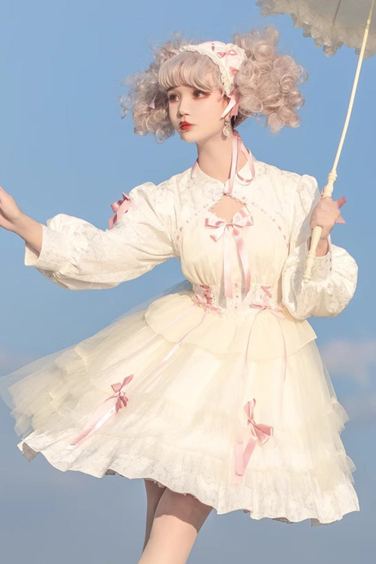 Love Song Long Sleeves Multi-Layered Jacquard Ruffle Bowknot Sweet Gothic Dress