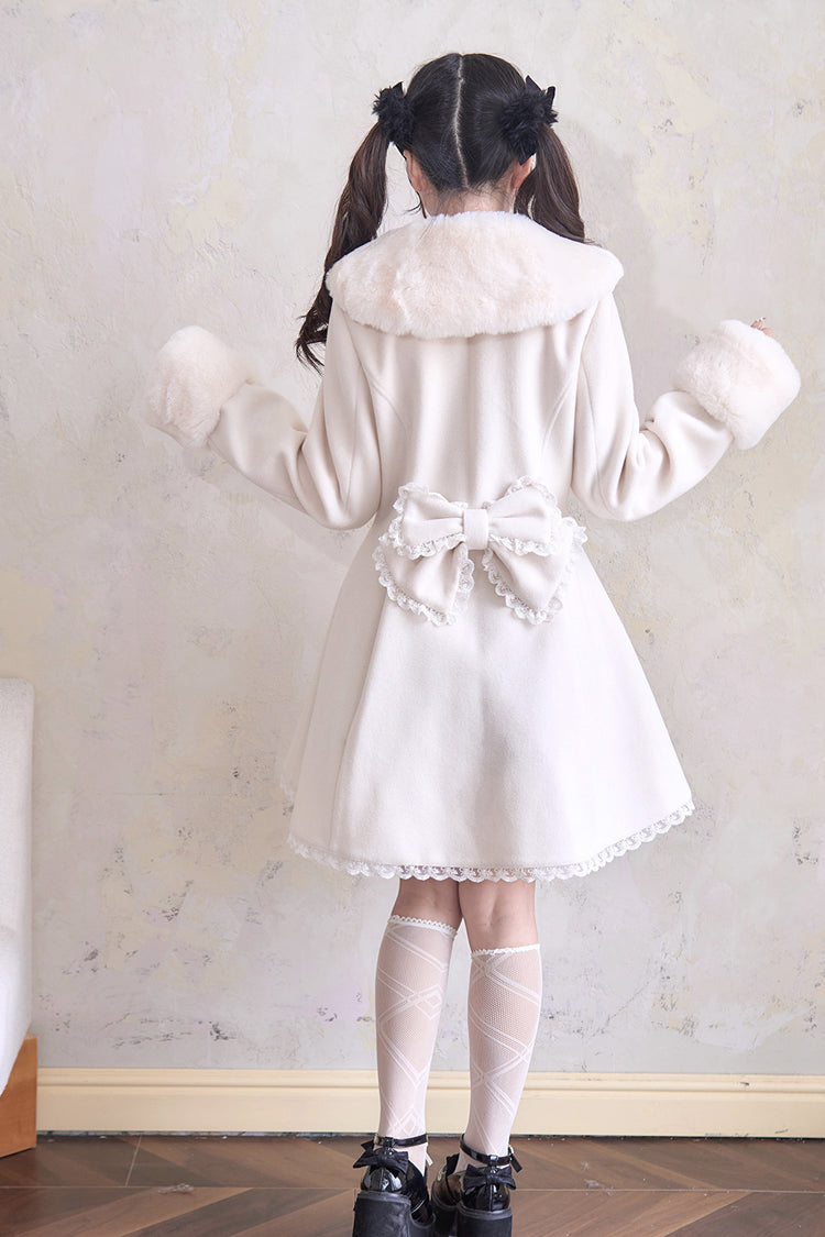 Plush Collar Waist-Cinched Long Sleeve Bow Lace Coat - Lolita Outerwear