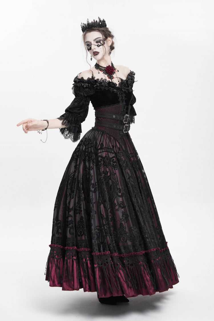 Scarlet Jacquard Embroidered Long Gothic Skirt with Buckle and Tassels