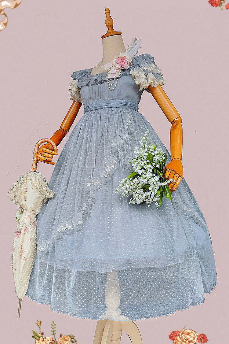 Moon Goddess Polka Dot Asymmetric Bow Dress - Sax Blue Elegant
