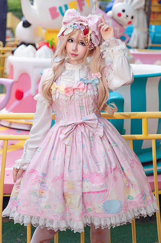 Pink Square Collar Lantern Sleeve Sweet Lolita Dress with Bow Print - Macarons Dolly House