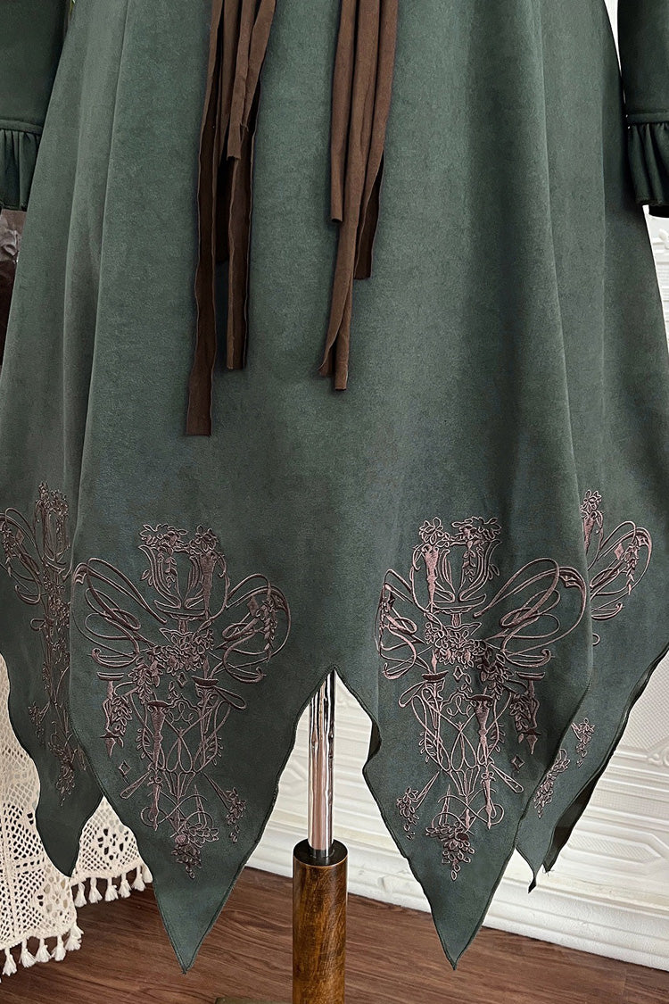 Emerald Stand-Collar Long-Sleeve Embroidered Ruffled Vintage Lolita Ensemble