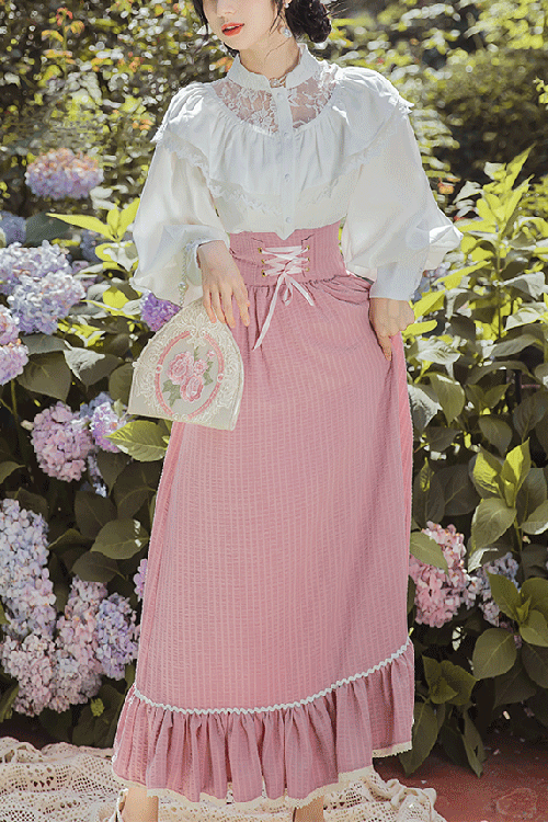 Rose Antique Palace Style Ruffled Stripe Pattern Elevated Waist Timeless Lolita Gown