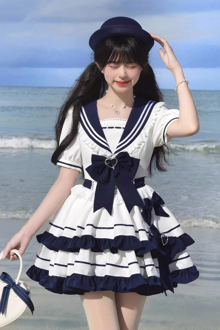 Dark Blue Double Layer Ruffled Sweet Lolita Dress - Short Sleeved Lace