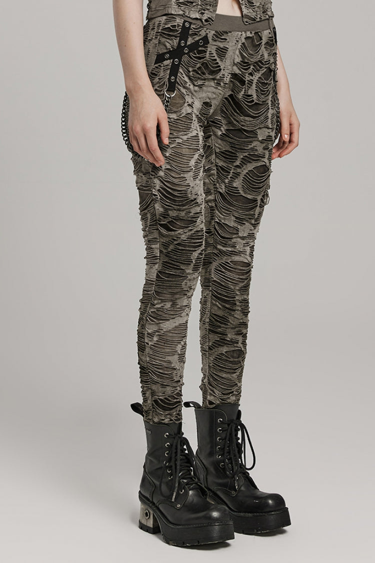 Tailored Distressed Eyelet Chain Steampunk Leggings for Women