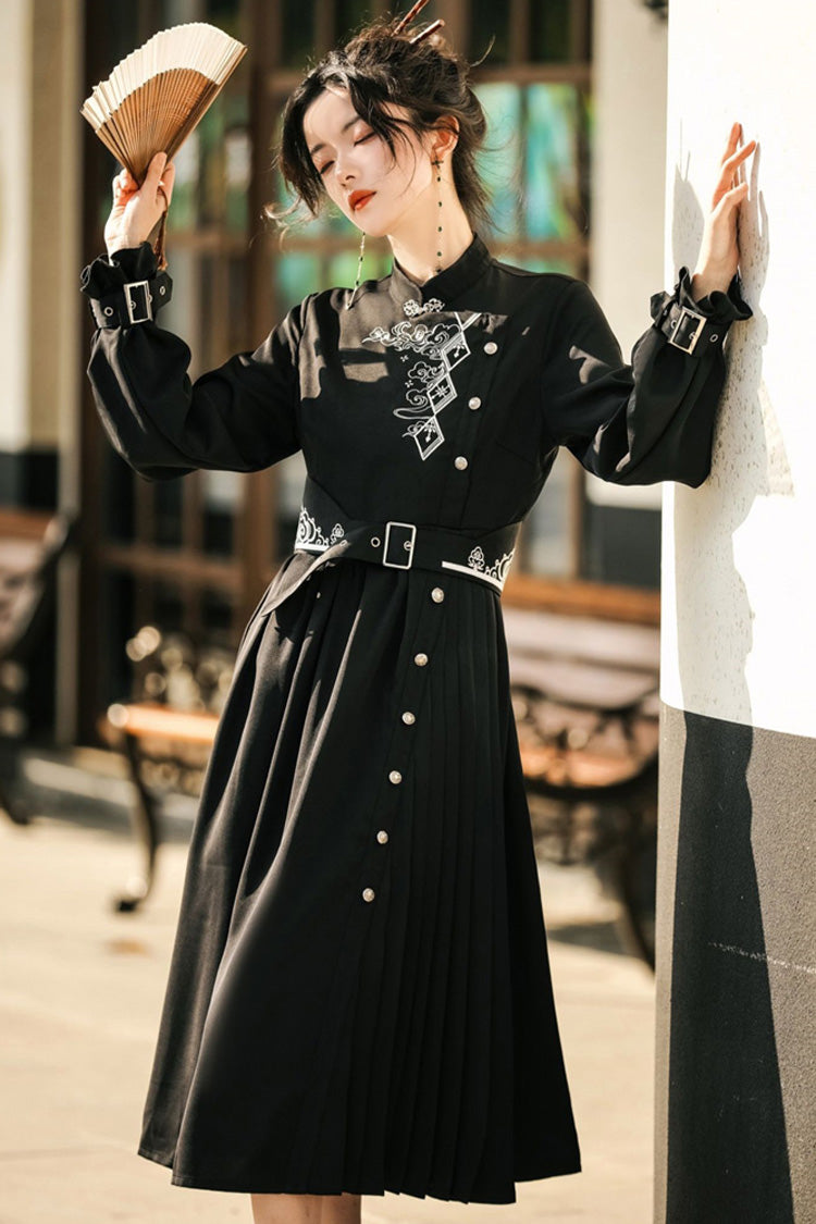 Chinese Style Hanfu Dress with Print and Single Breasted Front