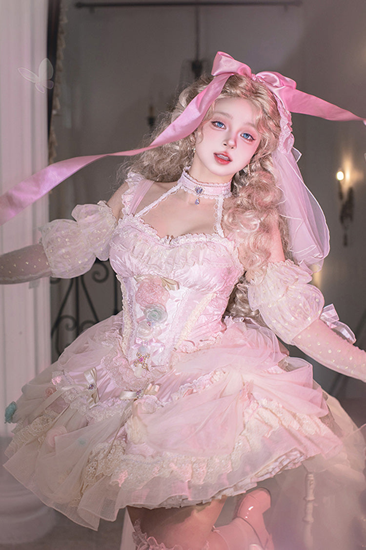 Dream Garden Ruffle Hanayome Embroidery Bow Lace Fishbone Princess Gorgeous JSK Dress in Pink