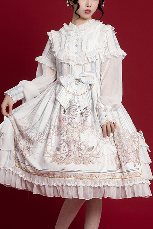 Classic Lolita OP Dress - Ruffled Collar, Long Sleeve, Print