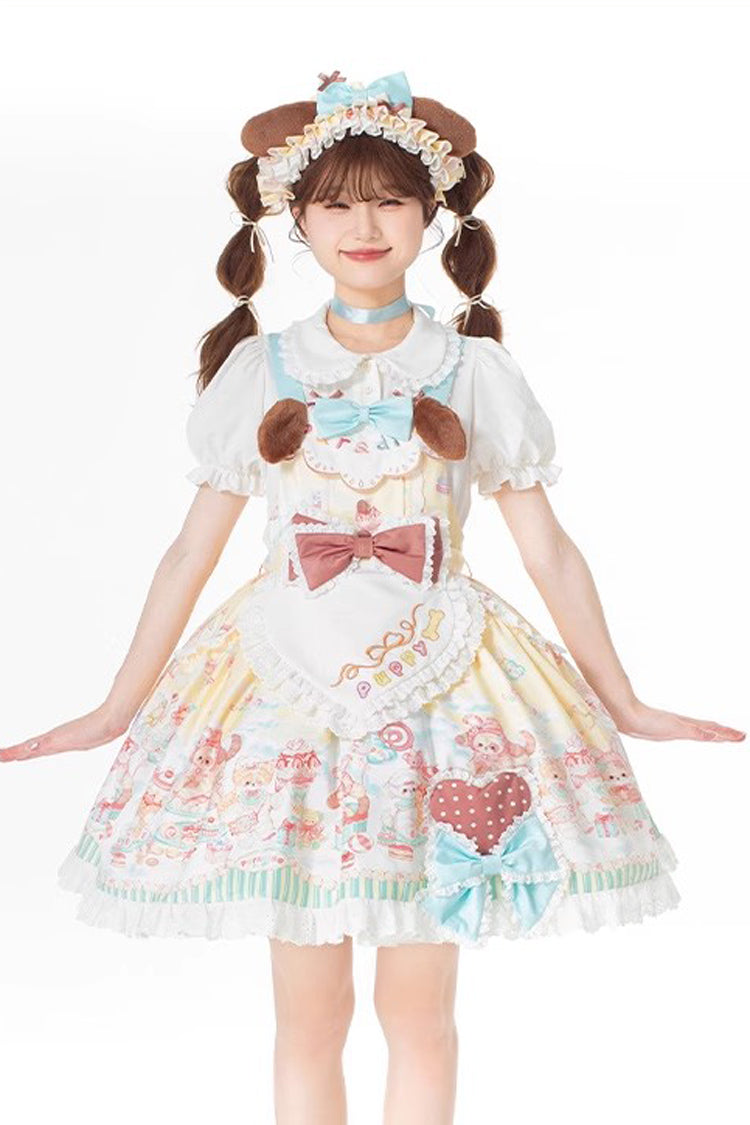 Multi Print Ruffle Bow Vintage Lolita Strap Dress