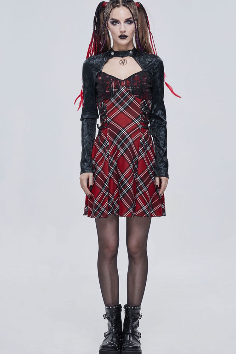 Red Plaid Knit Side Strap Pentagram Punk Dress