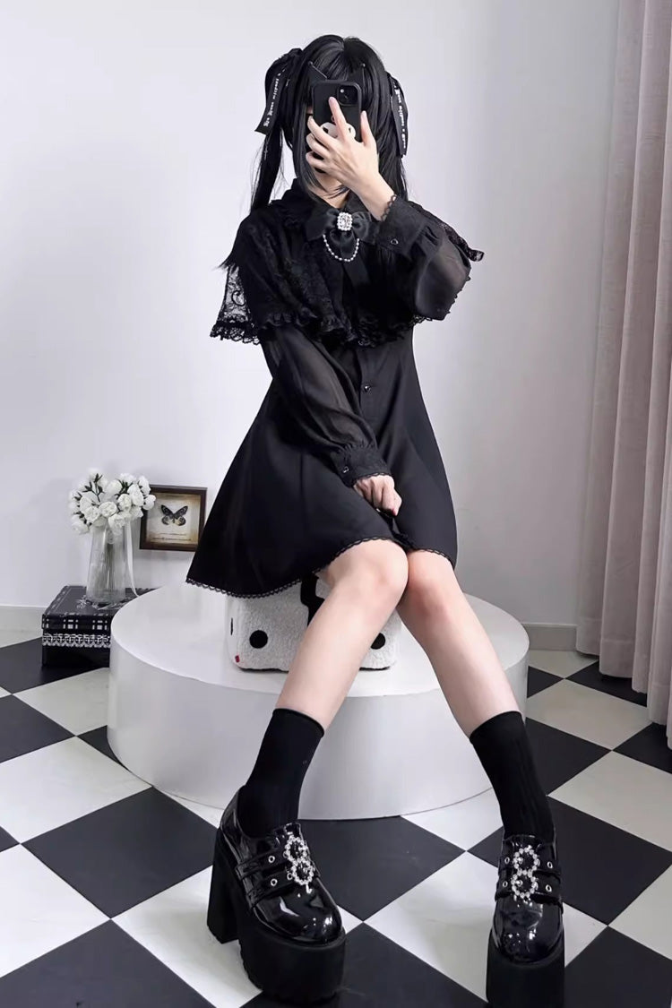 Slim Jirai Kei Dress with Shawl Collar and Lace