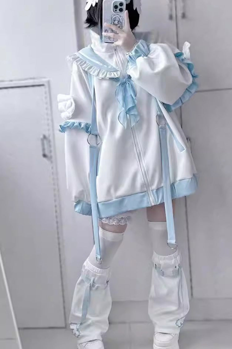 Angelic Letter Print Long Sleeve Coat in White/Blue