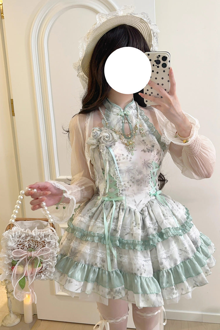 Rose Moon Bamboo Halter Multi-Tier Printed Frill Sweet Chinese Lolita Gown in Two Tones