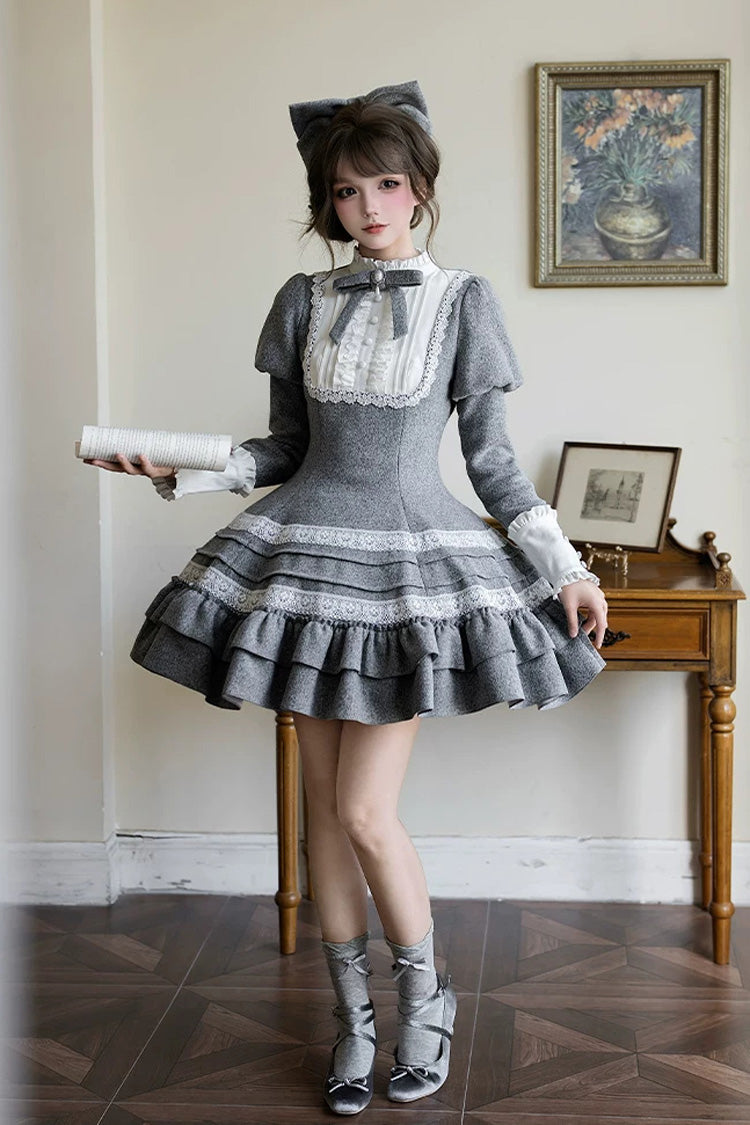 Classic Elegant Lolita Dress with Stand Collar and Ruffled Bow - Grey