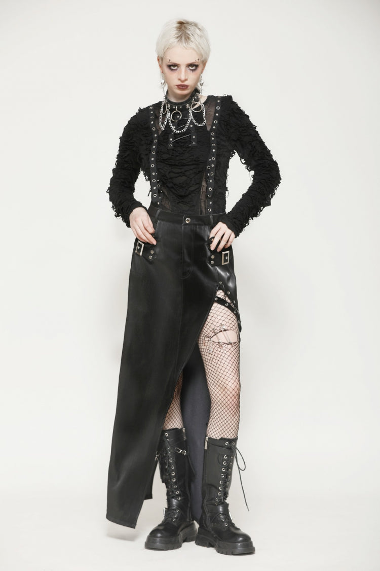 Coal Leather Skirt with Buckle Accents and Side Slit