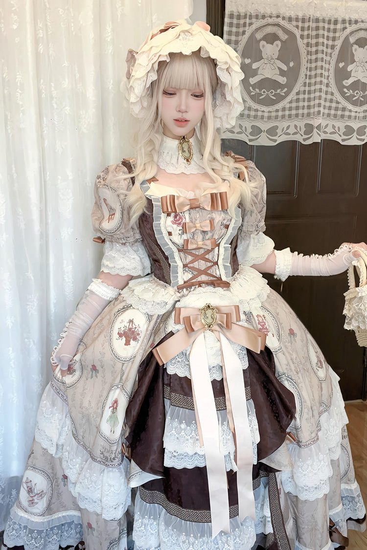 Baker Street Tea Party Short Sleeve High Waist Print Ruffle Embroidery Cardigan Bow Lace-Up Vintage Princess