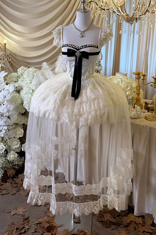 Sweet Lolita JSK Dress with Square Collar and Cut-Out Bow - Ivory