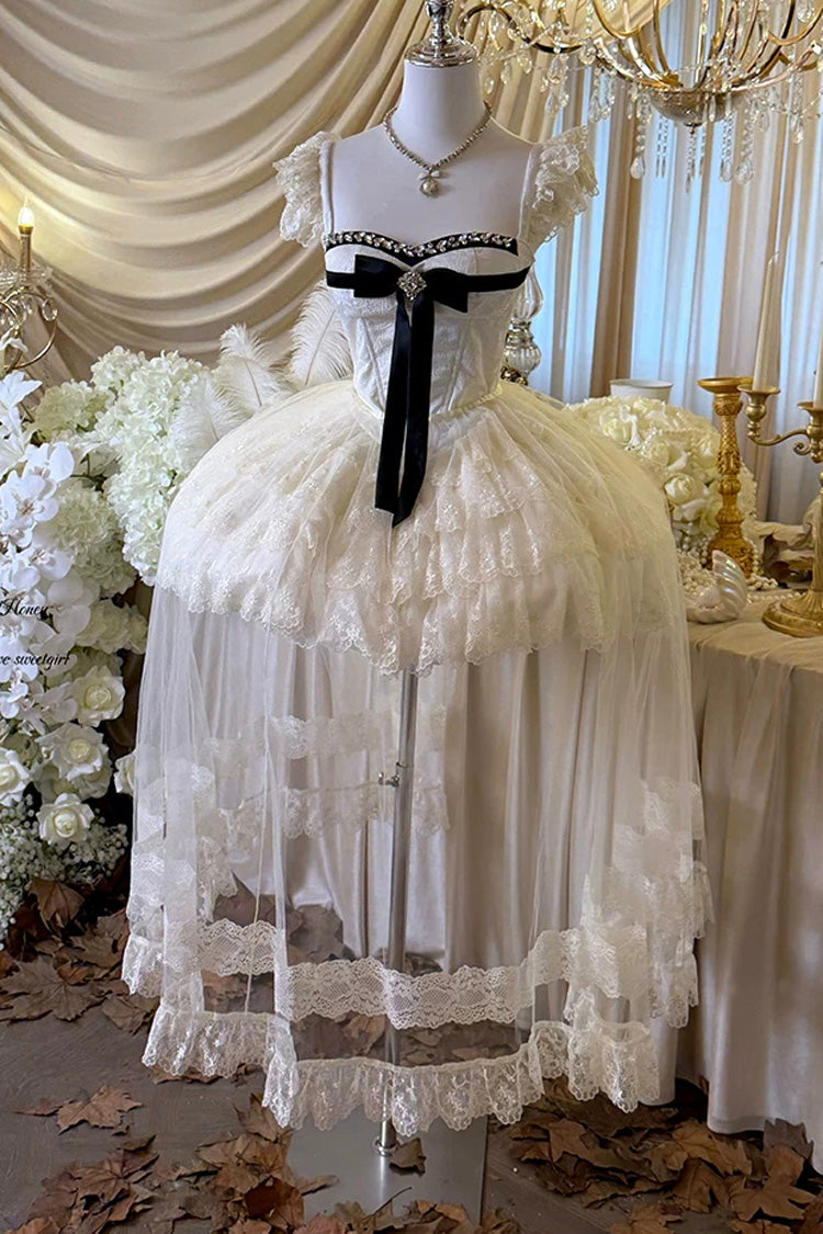 Cream Hepburn Heart Square Collar Sleeveless Multi-Layer Cut-Out Bow Lace Sweet Lolita JSK Dress