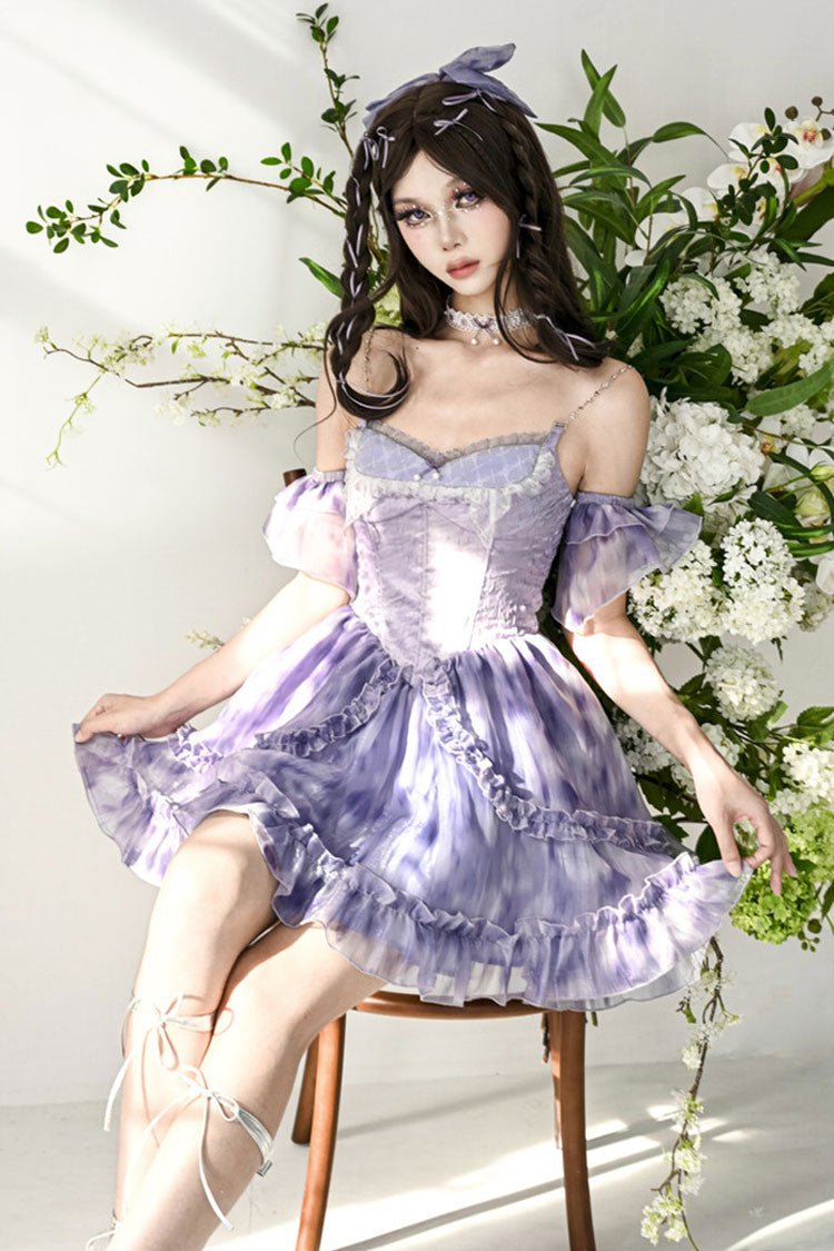Teal Tie-Dyed Print Two-Piece Sweet Princess Jumper Dress with Lace