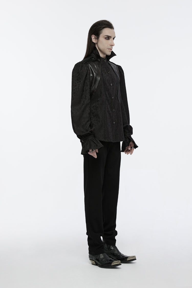 Jet-Black Gothic Blouse with Puffed Sleeves and Lace-Up Front for Men