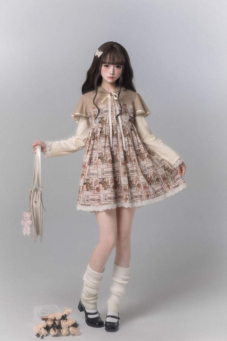Bear Stamp Long Sleeve Printed Hooded Sweet Dress