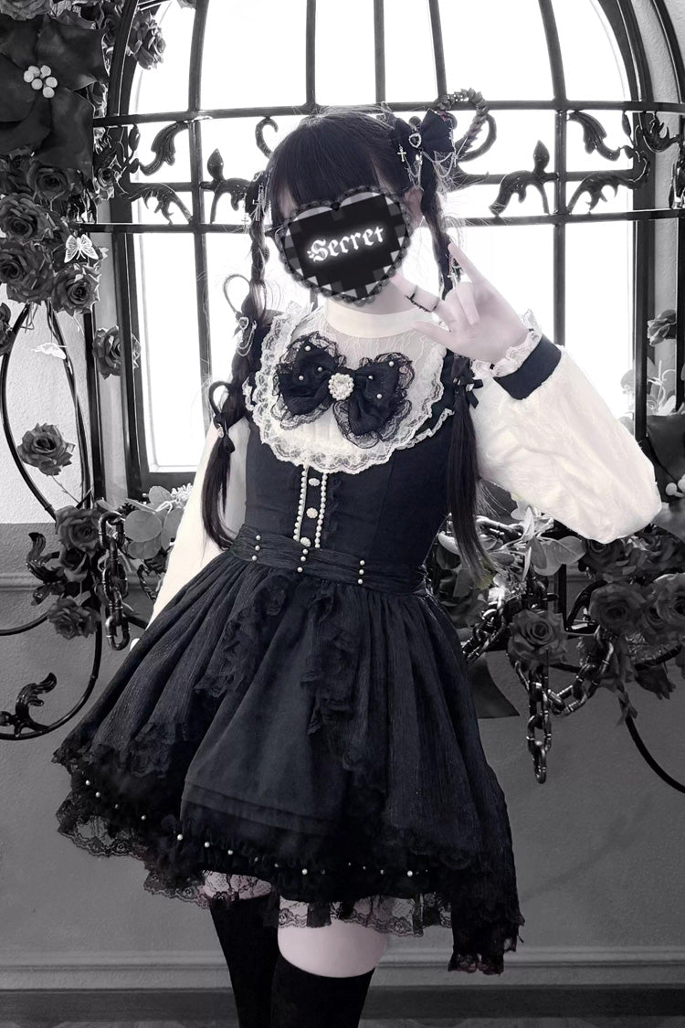 Black/White Thorn Doll Long Sleeves Ruffled Bow Pearl-Decorated Gothic Jirai Kei Gown