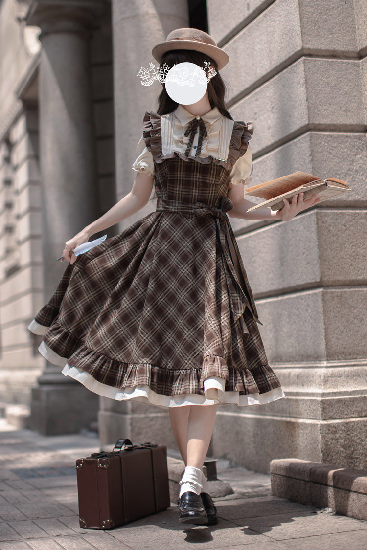Brown Thames at Dusk Print Dress with Ruffled Bow and Short Sleeves