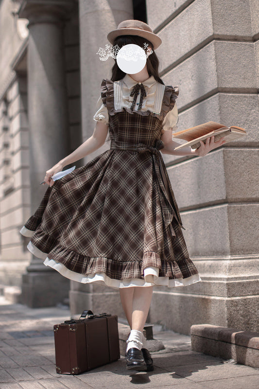 Brown Thames at Dusk Print Dress with Ruffled Bow and Short Sleeves