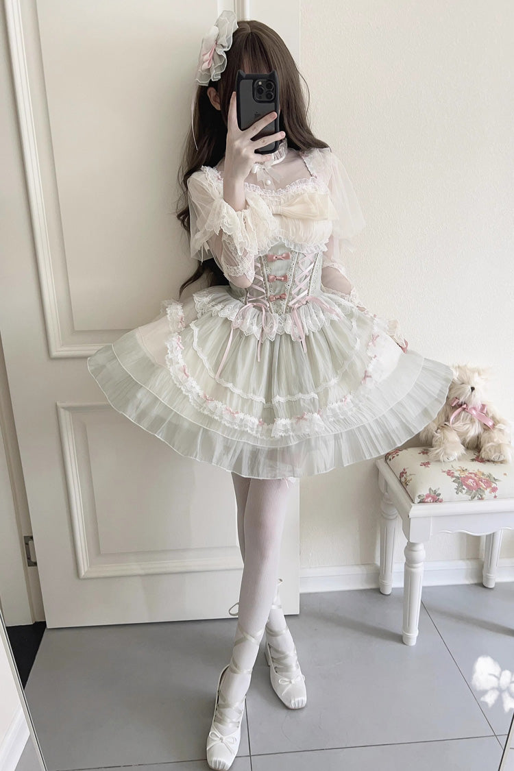 Green Camellia Bow Lace-Up Sweet JSK