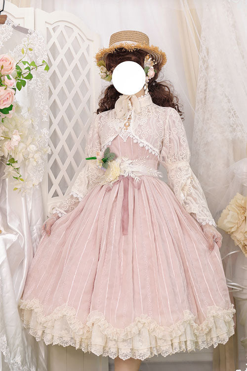 Pink Square-Collar Short-Sleeve Ruffled Vintage Lolita OP Dress