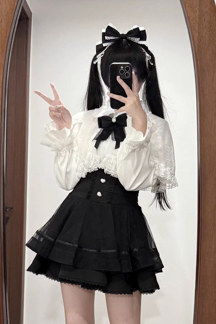 [Law of Disorder] Lapel Collar Long Sleeves Bow Lace Sweet Jirai Kei Skirt and Top 3 Colors