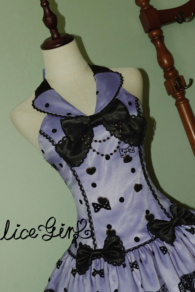 Purple Halterneck Sleeveless Embroidered Bow Sweet Dress - Sugar Bear